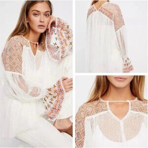 Free People White and Orange Embroidered Blouse